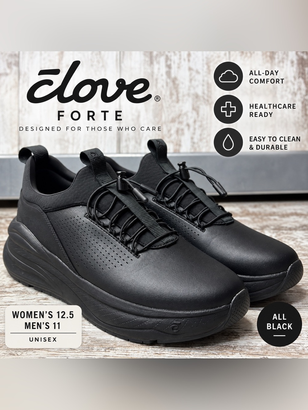 Clove Forte All Black Nursing Shoes Women’s 12.5 Men’s 11 Healthcare Work